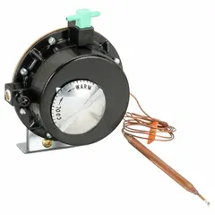 Pneumatic thermostat with remote-bulb sensor for temperature control in HVAC systems. Direct-acting, 2-pipe high-volume air flow output. Temperature range 60° to 150°F. Vertical mounting, 42-inch capillary length, includes cover.
