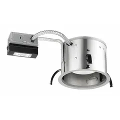 This 6-inch remodel housing is designed for installing LED downlights in existing flat ceilings. It operates at 120V AC, delivers 900 lumens at 4000K, and consumes 11.5 watts. The housing is dimmable and accepts separately purchased trims; no reflector or baffle is included.