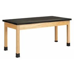 This fixed-height lab table features an epoxy countertop resistant to chemicals and heat, supported by an oak wood frame. With a 24-inch height and 6-foot length, it provides a stable work surface for laboratory tasks. Load capacity is 500 lb.