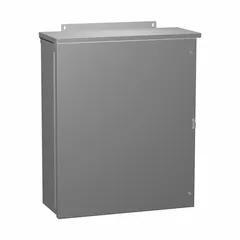 This HAMMOND enclosure is a Type 3R galvanized steel unit with a hinged solid cover, measuring 36 x 36 x 10 inches. It features a painted finish and screw closure, with no knockouts provided. Suitable for outdoor or indoor use where protection from rain, sleet, and snow is required, such as housing electrical controls, terminals, or instrumentation.