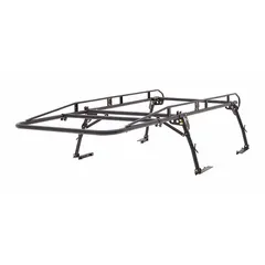 This APEX truck bed rack is adjustable in width from 61-1/2 in to 75-3/4 in, with a fixed length of 134-3/4 in and height of 34-1/2 in. It has a maximum load capacity of 500 lb and is finished in black. Suitable for securing and transporting oversized cargo such as lumber, ladders, or pipes in a pickup truck bed.