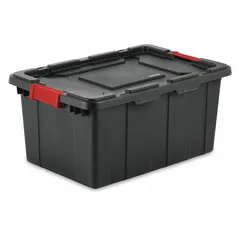 This plastic storage tote features a black body and black latch-on lid. It measures 25 3/4 inches by 17 1/4 inches by 11 7/8 inches. Suitable for organizing household items, garage tools, or office supplies, keeping contents secure and dust-free.