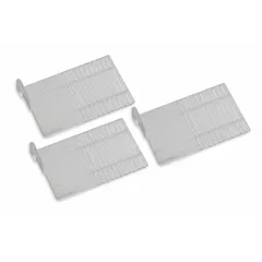 This drawer divider kit includes two long dividers made of clear styrene acrylonitrile. Each divider has a 1/8-inch overall width and 6-inch overall height. The kit is used to organize medical cart drawers by creating custom compartments for supplies and instruments.