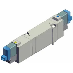 Double solenoid, five-way/three-position directional control valve with spring return to center and exhaust function. Operates on 24V DC with 5 ports. Suitable for directing compressed air to actuators or cylinders in industrial automation applications requiring fail-safe positioning.