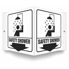 V-shape projection safety shower sign with mounting holes for secure wall or post installation. Nominal size 6 in x 8 1/2 in, 0.06 in thick PETG construction. Not retroreflective, not glow-in-the-dark, no anti-slip surface. Used to identify emergency shower locations in industrial facilities.