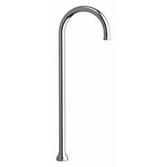 This gooseneck swivel spout is constructed of brass with a polished chrome finish. It features a laminar flow pattern and a UNEF connection, and includes mounting hardware. Suitable for commercial and industrial sink applications requiring a non-splash stream.