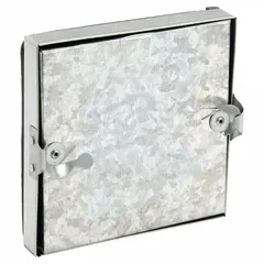 This flat access door is constructed from 24 gauge steel with fiberglass insulation, designed for rectangular ductwork. It features a double cam latch and tab-in hinge for secure closure, with a maximum temperature rating of 175°F. Used to provide entry points for inspection, cleaning, and maintenance of HVAC ducts.