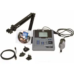 This benchtop multiparameter meter is configured for Biochemical Oxygen Demand (BOD) testing. It measures dissolved oxygen and includes an OBOD probe and a BOD lab kit of reagents and solutions. Suitable for water and wastewater analysis in laboratory settings.