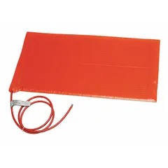 Fiberglass-reinforced silicone rubber heating blanket with adhesive backing for secure placement on surfaces. Measures 18 x 18 in with 3/16 in thickness. Requires a controller for operation. Suitable for applying controlled heat to industrial surfaces such as pipes, tanks, or process equipment.