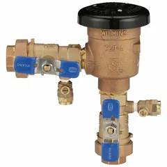 Lead-free pressure vacuum breaker for water media in high health hazard applications. Features FNPT x FNPT connections and operates within 33°F to 110°F. Used in plumbing systems to prevent backflow contamination from cross-connections.
