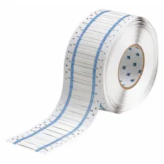 Polyolefin sleeve label in white matte finish, measuring 3/16 in x 2 in. Accommodates wire gauges from 10 AWG to 20 AWG. Compatible with THT printer series. Used for wire and cable identification in electrical installations.