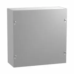 Steel enclosure with a painted finish and screw-on solid cover. Rated NEMA 1 for indoor use, protecting against dust and light impact. Measures 18 x 18 x 8 inches. No knockouts are provided, allowing custom entry points. Suitable for housing electrical connections, terminals, and controls in clean, dry environments.