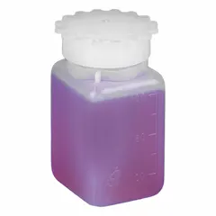 This 1 L HDPE rectangular lab bottle features a natural translucent body for easy content visibility and graduated markings for volume measurement. The closure is included but packaged separately. Suitable for general laboratory storage, mixing, and dispensing of liquids.
