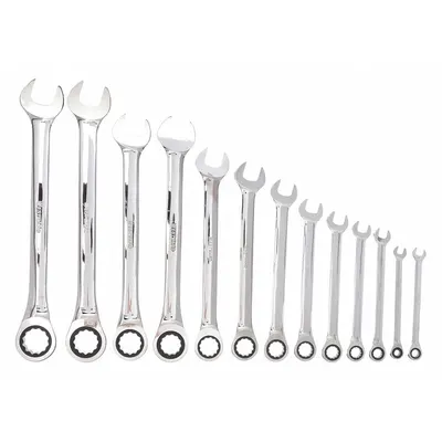 WESTWARD Combination Wrench Set: Alloy Steel, Mirror, 13 Tools - SAE 12-Point Ratcheting Combination Wrench Sets