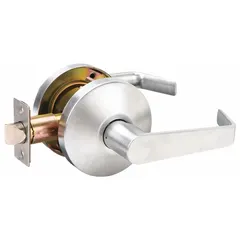 This FALCON passage lever lockset features a Dane-style lever in satin chromium-plated zinc finish. It is ADA compliant and designed for ANSI F75 passage function, suitable for interior doors where locking is not required, such as hallways or closets.