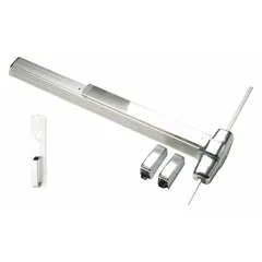 Aluminum surface vertical rod exit device with Touchbar and Night Latch, for doors up to 4 ft wide. Suitable for commercial egress applications requiring push-pad operation and secure locking. Finish: US28 satin aluminum.