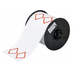 Red vinyl precut label roll with acrylic adhesive, sized 4 1/8 in x 6 3/32 in and 4 9/64 in layout, for GHS/CLP two-diamond chemical hazard labeling. No preprinted legend; compatible with BBP30 printer series. Used on industrial containers, drums, and chemical storage areas.