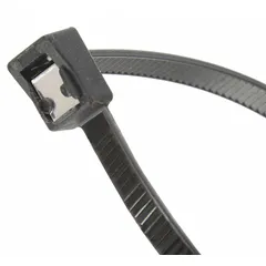 This cable tie features an integrated tail clipper that trims the excess tail flush during installation, eliminating the need for separate cutting tools. With an 8-inch nominal length and 2-inch maximum bundle diameter, it is suitable for securing wire and cable bundles. The black UV-resistant construction allows for outdoor use in applications such as panel boxes, solar arrays, and telecom installations.