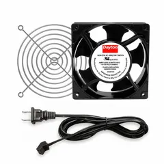 Standard square axial fan kit with polycarbonate blade, delivering 51 to 55 cfm airflow at 0.000 in static pressure. Measures 4-3/4 inches in height and 1 inch in depth. Includes cord set with NEMA 1-15 plug, terminals, and IP20 rating. Suitable for cooling and ventilation in electrical enclosures, control panels, and small equipment.
