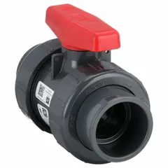 Manual two-way ball valve for on/off flow control. PVC construction with socket and female NPT ends. Rated for 235 psi CWP. Suitable for water, chemical, and air applications requiring corrosion resistance.
