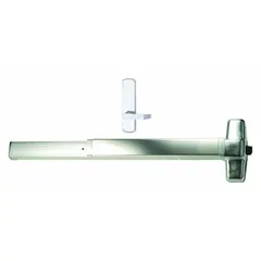 This rim-type exit device features a touchbar style and lever outside trim, suitable for doors up to 4 ft wide. It is ADA compliant and finished in chrome. Commonly used in commercial buildings to provide safe egress.