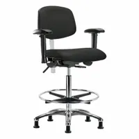 This vinyl cleanroom task chair is designed for ISO 5 controlled environments. It features an aluminum base, foot support, and adjustable height range of 26 1/4 in to 36 in with an 18 1/2 in seat width. The chair includes arms and offers back tilt forward of 10.5° and backward of 13.5°. It is not ESD safe