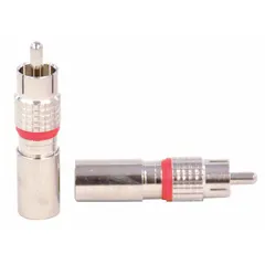 Male RCA coaxial connector for RG-6 cable with compression termination. Nickel-plated silver finish and quad shield construction. Suitable for audio/video signal connections in home entertainment and surveillance systems. Sold in a 10-pack.