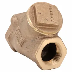 This bronze Y-style swing check valve features a 1 in pipe size with FNPT x FNPT connections. It is used to prevent backflow in piping systems for water, oil, and gas applications in commercial and industrial plumbing, HVAC, and process lines.