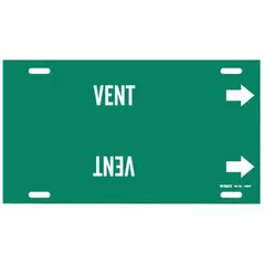 Green pipe marker with white 'Vent' legend and directional arrows. Fits pipe outer diameters of 8 to 9-7/8 inches. Supplied as a single strap-on marker for identifying vent pipes in industrial piping systems.