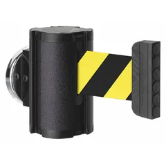 This magnetic-mount retractable belt barrier features a 10 ft black/yellow patterned belt with no legend, housed in a black casing. Designed for temporary or semi-permanent crowd control and area delineation, it attaches securely to metal surfaces without tools. Suitable for use in industrial facilities, warehouses, and public spaces where flexible barrier placement is needed.