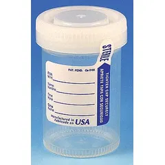 Sterile polypropylene specimen container with 90 mL capacity and wide mouth. Includes white closure. Used for collection, transport, and storage of biological samples in clinical and laboratory settings.