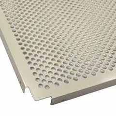 This perforated steel decking shelf kit is designed for use with boltless shelving systems. It features a flanged four-sided configuration, 20 ga steel decking with a powder-coated gray finish, and a 500 lb load capacity. Suitable for organizing parts and tools in storage areas where light and air passage through the decking is desired.