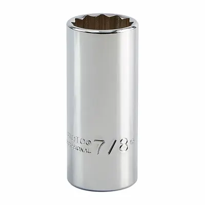 PROTO Socket: SAE, 3/8 in Drive Size, 7/8 in Socket Size, 12-Point, Deep, Chrome - 3/8" Drive Hand Sockets