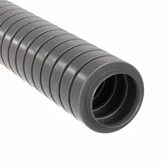 This reduced wall flexible metal conduit is made of aluminum and has a 1/2 in trade size with a 50 ft overall length. It is used to protect wiring in industrial machinery, control panels, and HVAC systems, offering flexibility and moderate mechanical protection in dry indoor environments.