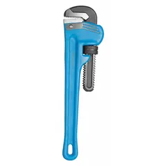 Straight pipe wrench with serrated jaws and I-Beam design for gripping and turning pipes, fittings, and round objects. Overall length 10 in, jaw capacity 1 1/2 in. Suitable for plumbing, industrial maintenance, and mechanical assembly and repair.