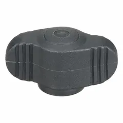 Wing knob with threaded hole, 28 mm diameter, #10-32 thread, 8 mm thread length. Plastic body with stainless steel thread insert. Used for manual clamping, positioning, and adjustment on machinery and fixtures.