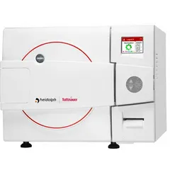 This HEIDOLPH autoclave operates at 230V with a maximum temperature of 140°C and temperature accuracy of -1 °C/3 °C. It includes cooling coils that reduce cool down time by 75%. Overall dimensions are 28 1/4 in width by 30 1/8 in depth. Suitable for sterilizing equipment, media, and waste in laboratory and industrial settings.