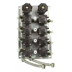 This air control valve is constructed of metal with a black finish. It includes mounting hardware and measures 8 1/4 inches in overall width and 13 1/4 inches in overall height. Used in institutional toilet flushing systems to regulate air flow.