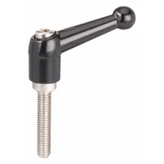 Ball-style adjustable handle with threaded stud, zinc body and stainless steel thread. M12 size, 95 mm length. Used for clamping, positioning, and adjusting on industrial equipment.