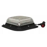 Square amber/white LED beacon with 8 flash patterns, SAE Class 1 rating. Operates on 12-24V DC, includes 15 ft cord with on/off switch and lighter plug. Suction mount for temporary placement on vehicles. Used for warning and visibility on service trucks, tow trucks, and construction vehicles