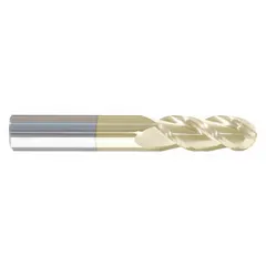 This carbide ball end mill is designed for machining aluminum and non-ferrous materials. The ZrN coating reduces built-up edge and improves chip evacuation. With 3 flutes, a 1/2" mill diameter, 1-1/4" length of cut, and 3" overall length, it is suited for high-speed contouring, profiling, and finishing operations.