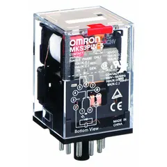 Socket-mounted relay from the MK-S Series with 3PDT contact configuration, 24V AC coil, and 10 A current rating at 30V DC resistive load. Features an octal base with 11 round pins and plug-in mounting for easy installation and replacement in control panels and automation systems.