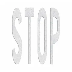 White thermoplastic pavement marking with 'Stop' legend. Measures 8 ft long by 6 1/8 ft wide. Applied via hand torch adhesion method. Used for marking stop lines on roadways, parking lots, and other paved surfaces.