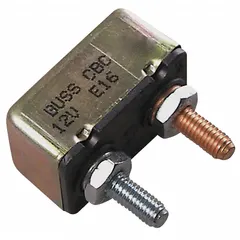 The BUSSMANN CBC-25 is a heavy duty circuit breaker rated for 14V DC with an interrupt rating of 1.5 kA. It features a stud terminal connection for secure installation in high-current applications. This automatic reset breaker is used to protect electrical systems in vehicles such as trucks, buses, and off-road equipment from overloads and short circuits.