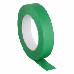Green crepe paper masking tape for indoor/outdoor use on concrete surfaces. Roll width 15/16 in, pre-cut diameter 4 3/4 in, overall length 60 1/8 yd. Suitable for masking during painting, coating, or sealing applications.