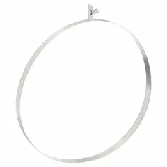 Steel duct hanger for supporting round ducts up to 16 inches in HVAC systems. Includes carriage bolt, compatible with 20 ga strapping. Rated for 260 lb capacity, 1 inch width. Used to secure ductwork to overhead structures in commercial and industrial ventilation.