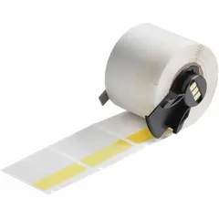 Precut label roll for cable, wire, and small cylindrical surface identification. Yellow matte vinyl material resists abrasion and chemicals. 250 labels per roll, 1 1/2 in x 1 1/2 in. Compatible with BMP61 printer series; requires M7-R4300 ribbon.