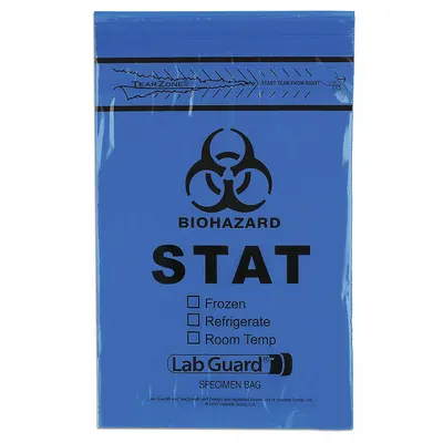MEDEGEN MEDICAL PRODUCTS Specimen Transfer Bag: LDPE, Biohazard, 1.75 mil Thick, Blue, 9 in Overall Ht - Dual Pouch Specimen Transfer Bags