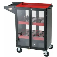 This locking CNC toolholder cart is designed for storing and transporting up to 36 tools with BT50, CAT50, or NMTB50 taper shanks. It provides organized and secure tool storage in machining and metalworking environments.