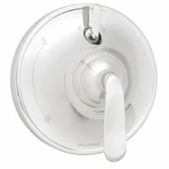 This shower valve trim kit includes a zinc handle and a circular plastic trim plate with a chrome finish. It is designed for use with Caspian shower faucets. The trim kit is suitable for replacing or upgrading the handle and trim in residential or commercial shower installations.
